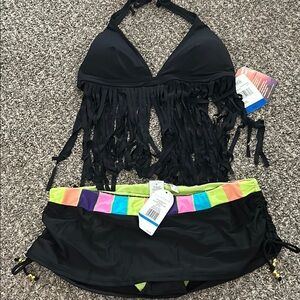 Black Fringe Bikini with Colorful Waistband